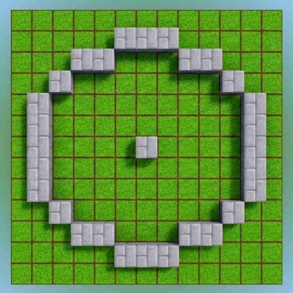 A top-down Minecraft building guide showing a perfect circle with a radius of 5 blocks, constructed using stone bricks on a vibrant green grass 11x11 grid. The minimalist design clearly illustrates the block placement pattern (3-2-1-2-3) required to form the circle, optimized for players looking for a simple, clean, and easy-to-follow blueprint.