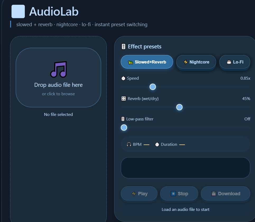 Audio Lab audio effect tool interface showing slowed and reverb preset with speed 0.85x and 45% reverb wet/dry control